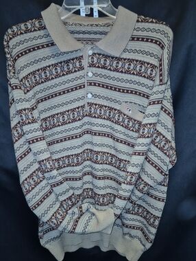 Vintage ARNOLD PALMER long-sleeve knit polo sweater geometric, Aztec-style